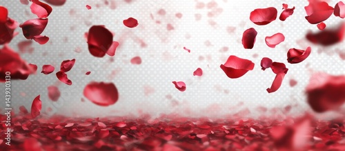 Romantic cascade: Crimson rose petals gracefully descend upon a blurry white backdrop