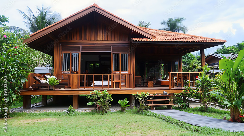 Naklejka premium tropical wooden house, cozy porch, lush garden, modern villa, peaceful vibes, outdoor living,