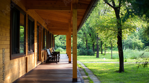 peaceful wooden villa, nature landscape, bright open porch, lush environment, fresh design,