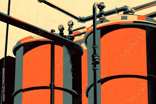 close up of Industrial Tanks with Pipes in Abstract Style and Bold Colors