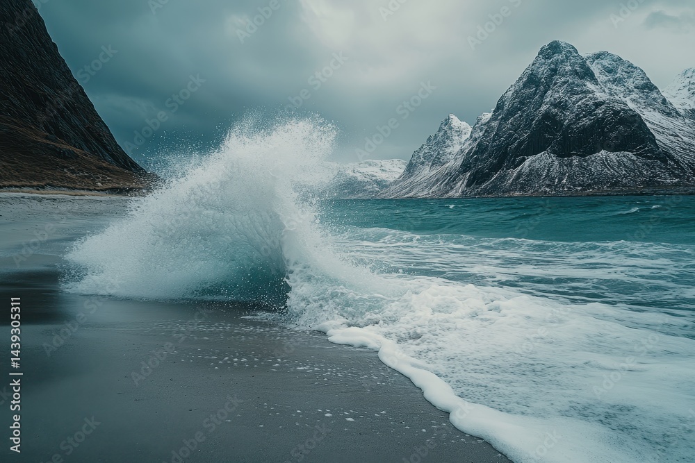 Obraz premium Crashing wave on a cold sandy beach with snow capped mountains backdrop. Use for travel, adventure, or environmental conservation themes.