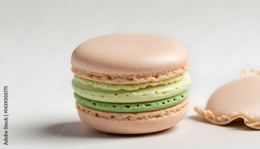 A vibrant macaron with layers of pastel colors stands out against a soft, clean white background. A vibrant macaron with layers of pastel colors stands out against a soft, clean white background.
