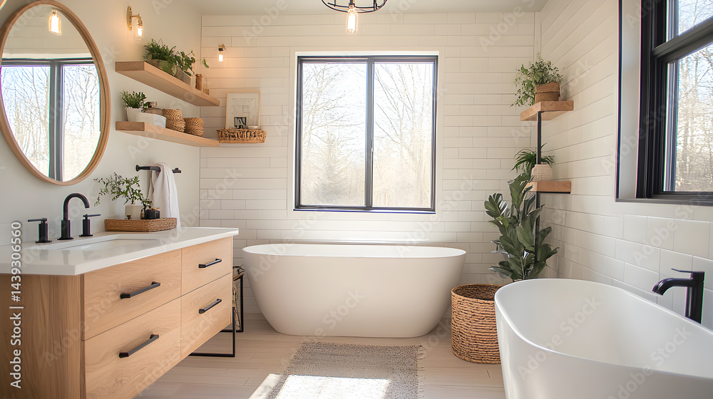 Light-filled bathroom with minimalistic floating shelves, white subway tiled walls, black fixtures, handwoven basket storage, soft wooden accents, large round mirror, calming Scandinavian design, Light-filled bathroom with minimalistic floating shelves, white subway tiled walls, black fixtures, handwoven basket storage, soft wooden accents, large round mirror, calming Scandinavian design,