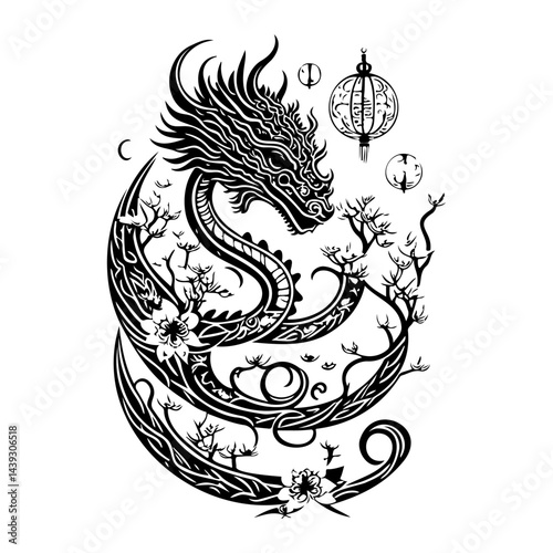 A monochrome depiction of a dragon entwined with cherry blossoms and oriental lanterns