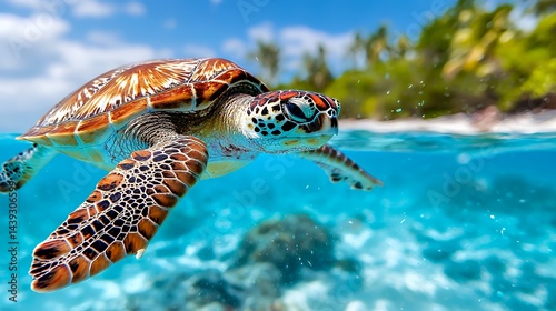 Sea Turtle Swimming Underwater in Tropical Ocean with Blue Water