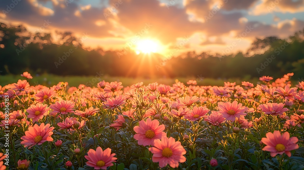 Fototapeta premium Sunlit Flower Field with Colorful Blossoms Under Beautiful Evening Sky at Sunset Time