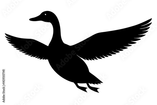 Flying goose silhouette with spread wings on white background vector illustration. goose, flying, bird, wings, silhouette, vector, illustration, animal, wildlife, water bird, black, isolated, white, w