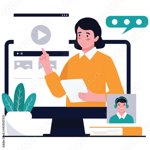 Online Education Illustration. Vector illustration of A female teacher presents video lessons on a virtual platform while holding a tablet. Isolated on background