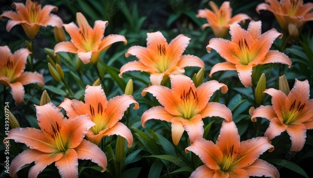 Naklejka premium Vibrant orange lilies flourishing in a garden, showcasing the beauty of nature in full bloom.