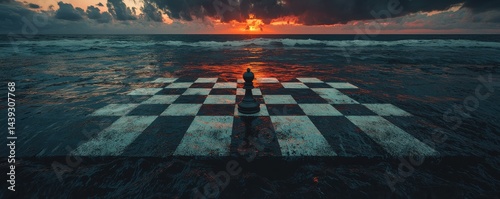 A serene sunset over a large chess board at the beach, symbolizing strategic thinking.