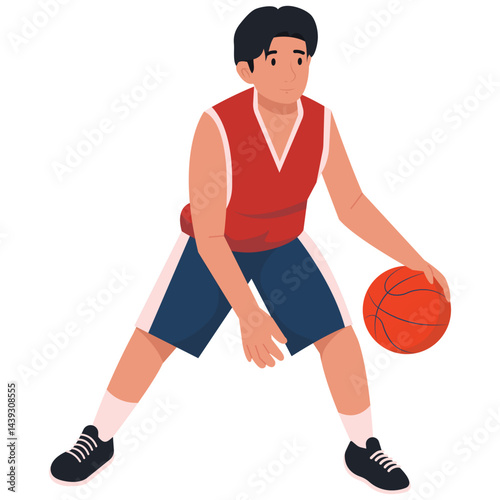 A male basketball player dribbling the ball while bending his knees and maintaining control.