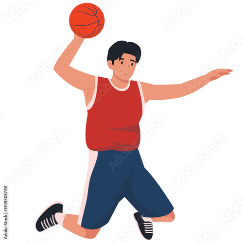 Basketball Pose Illustration. Vector illustration of A basketball player mid-air with one hand raised for a slam dunk, showing power and agility. Isolated on background