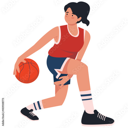 Basketball Pose Illustration. Vector illustration of Female basketball player crouching low while controlling the ball. Isolated on background