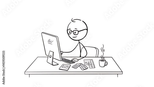 Drawing of Person Working on Computer at Desk