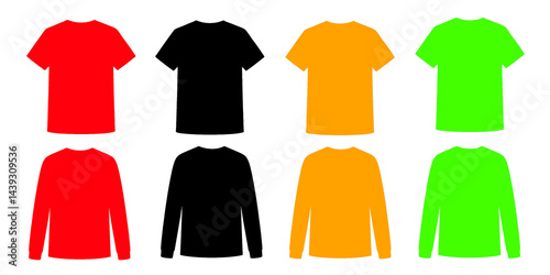 Obraz na plátně Mockup set of long and short shirts in 3 colors red, black, orange, and green fo