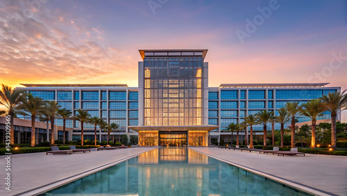 A modern glass-fronted building reflecting a sunset sky over a still pool — Un edificio moderno de fachada de vidrio que refleja un cielo al atardecer sobre una piscina tranquila.

