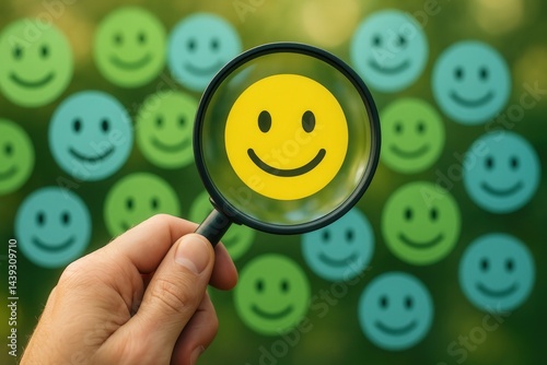 Hand Holding Magnifying Glass Focusing on a Single Yellow Smiley Face Among Many Green and Blue Smiley Faces