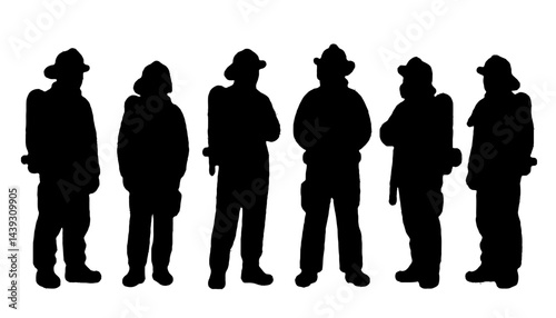 Courage in Silhouette set: A striking silhouette captures a dedicated group of firefighters in their protective gear, standing tall with unwavering resolve and ready to face any challenge.