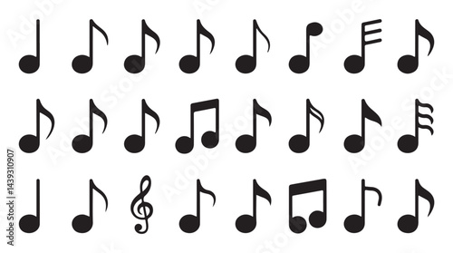 Silhouette of black musical notes and symbols in an abstract pattern.