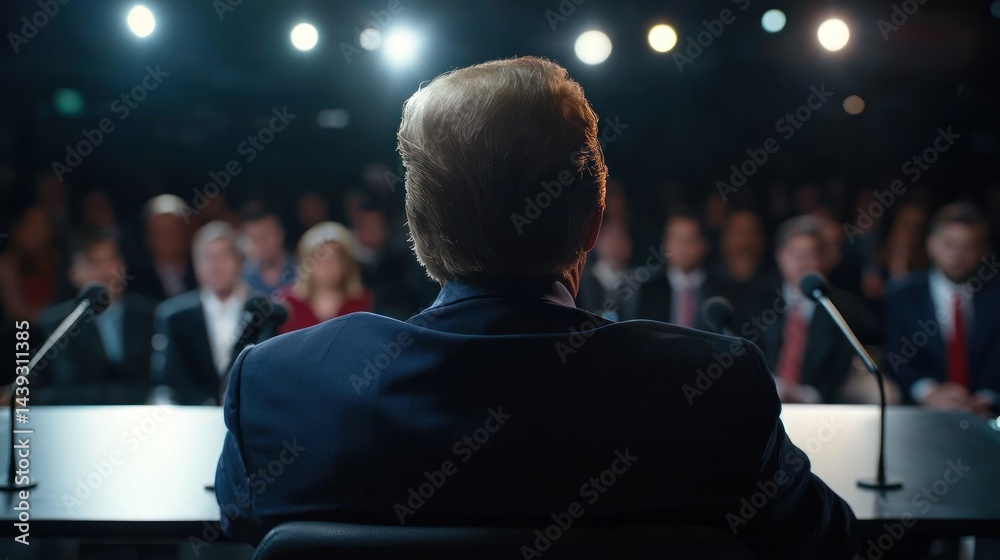 Fototapeta premium Speaker at podium, political rally, crowd in background