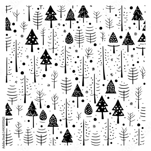Stylized monochrome forest pattern with whimsical trees and scattered dots illustration