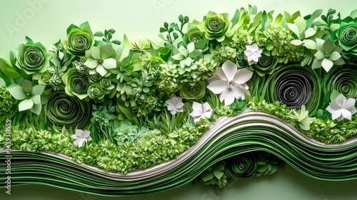 Whimsical Paper Flower Garden: Green and White Botanical Art