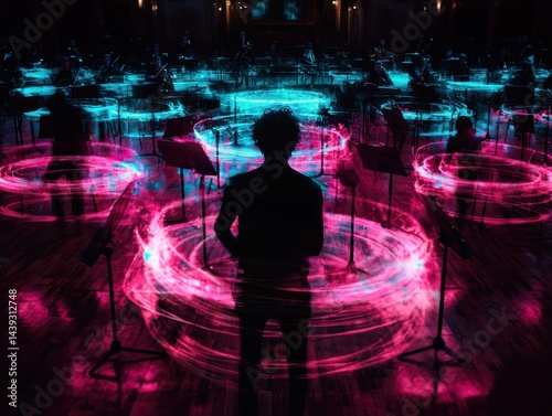 A visually striking scene of music performance with vibrant light swirls. photo