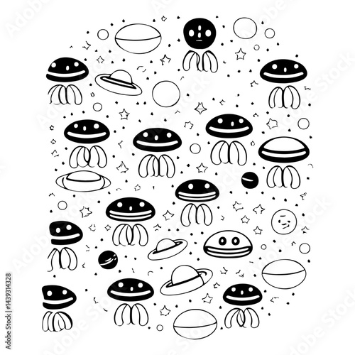 Whimsical cosmic doodle pattern featuring stylized planets and friendly aliens
