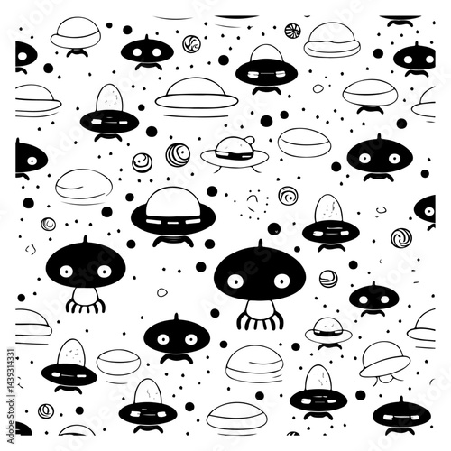 Playful monochrome pattern with fanciful flying saucers and whimsical cosmic elements
