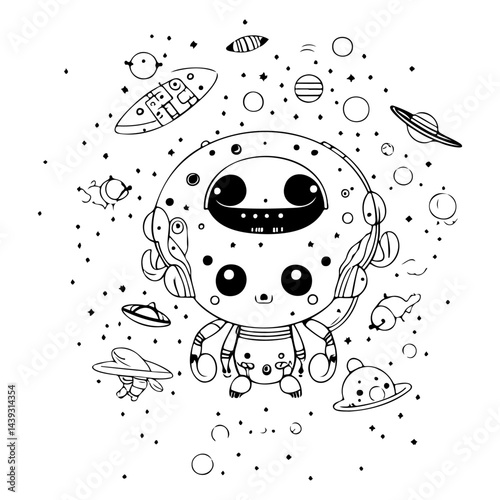 Charming cosmic character surrounded by celestial bodies coloring page artwork
