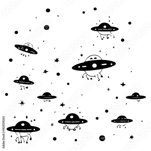 Playful pattern with whimsical spaceships amidst celestial bodies and cosmic dust