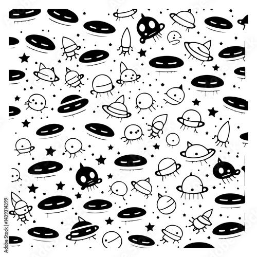 Whimsical extraterrestrial pattern featuring minimalist ufo and quirky alien character designs