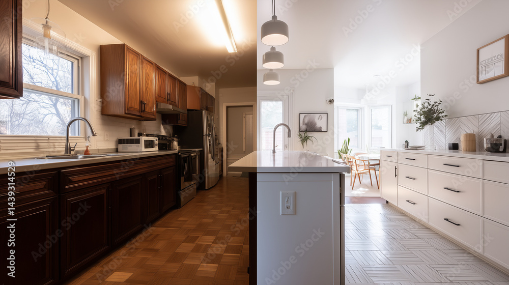 Split view of a kitchen showing an outdated traditional side and a bright, modern renovated side with updated appliances