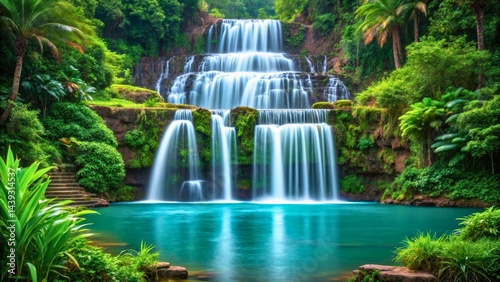 Majestic Waterfall Surrounded by Lush Tropical Vegetation and Sparkling Blue Pool