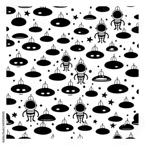 Whimsical space adventure pattern featuring playful astronauts and ufo shapes