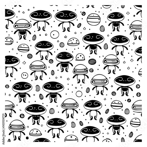 Playful alien pattern with geometric shapes in a whimsical monochrome design