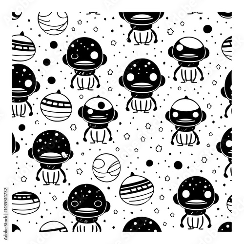 Playful monochrome pattern featuring stylized figures and spherical elements