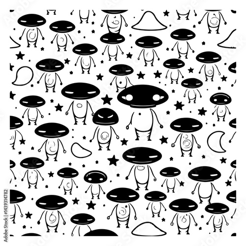Whimsical monochromatic pattern with playful alien characters in a seamless layout