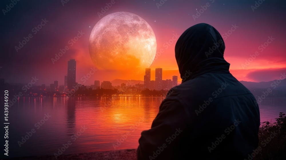 Fototapeta premium Silhouette figure by lake, large moon, city skyline at dusk