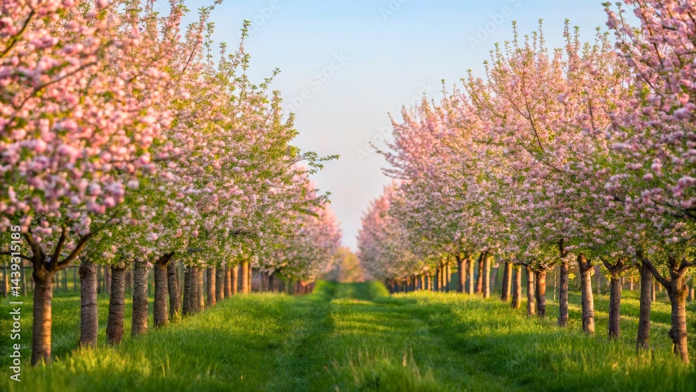 Naklejka premium Serene Pink Blossom Trees Lining a Tranquil Pathway Under a Clear Blue Sky