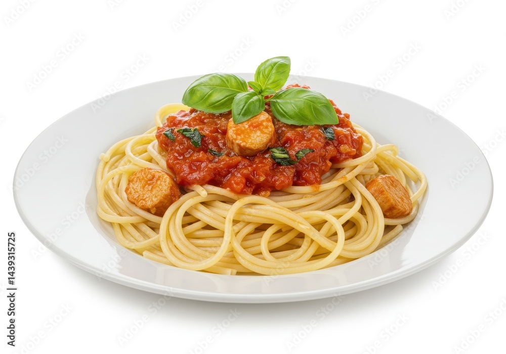 Spaghetti with tomato sauce and basil served on a white plate isolated Spaghetti with tomato sauce and basil served on a white plate isolated