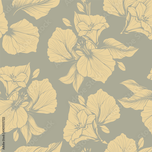 Wallpaper Mural Floral Seamless Pattern Vintage Style. Cute Botanical Print Design with Abstract Luxury Flowers. Monochrome Fashionable Botanical Template for Modern Design, Fabric, Patterns, Textile. Torontodigital.ca