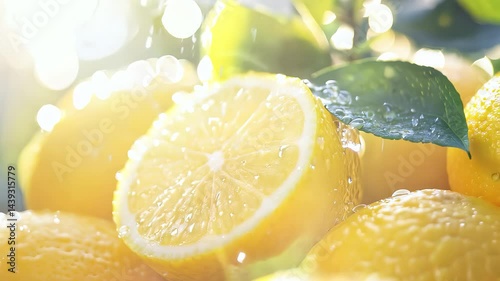 Fresh lemons being washed with water under sunlight