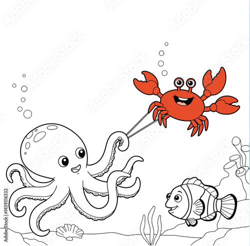 Cute funny octopus, crab and clownfish for coloring. Template for a coloring book with funny animals. Coloring page for kids.	