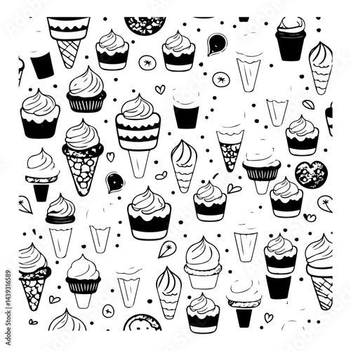 Delightful monochrome dessert array: whimsical pattern of hand-drawn sweet treats
