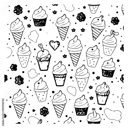 Whimsical Ice Cream Dreamscape: A Black and White Delightful Treat Pattern