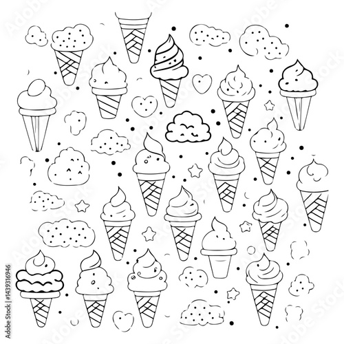 Doodle Ice Cream Collection: Whimsical Outline Cones and Sweet Cloud Sketches