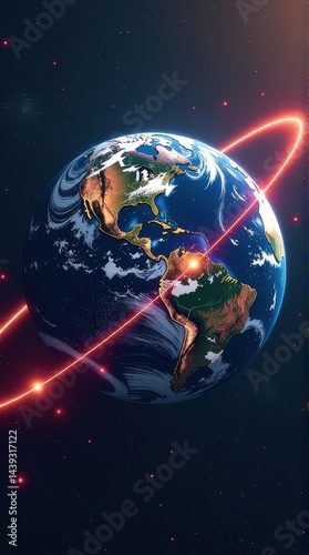 Stunning earth with glowing red orbit in space.