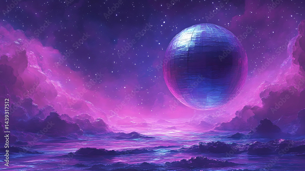 A glowing sphere floats above a violet ethereal landscape under a starry sky with pink clouds A glowing sphere floats above a violet ethereal landscape under a starry sky with pink clouds