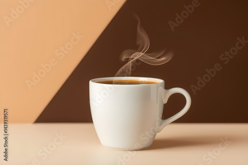 A steaming white coffee cup sits on a beige surface against a two-toned brown background, evoking a warm and cozy atmosphere photo